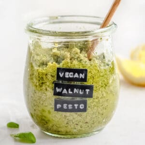 vegan walnut pesto in a glass jar.