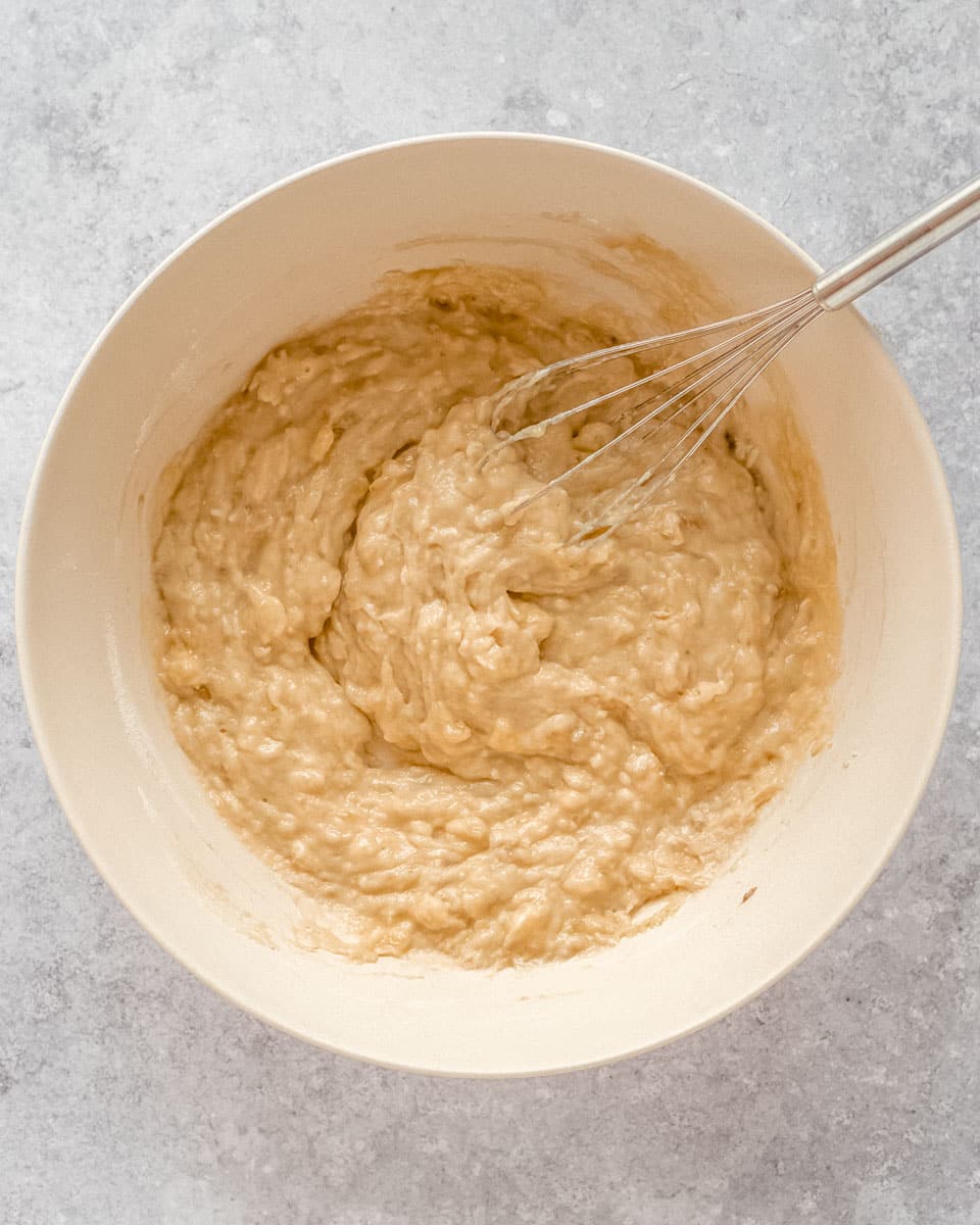 wet and dry ingredients in a mixing bowl, whisked together.