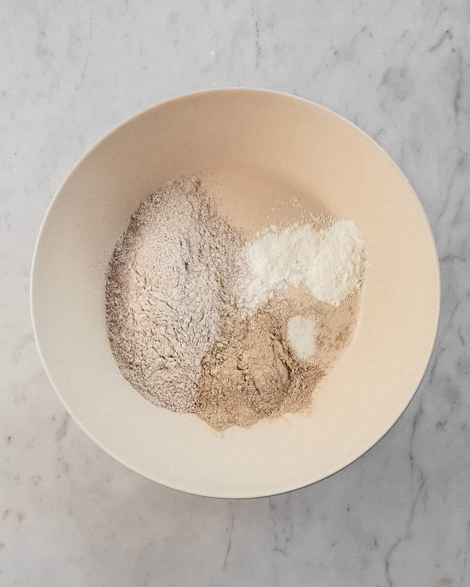 flour, baking powder, salt and protein powder in a big bowl