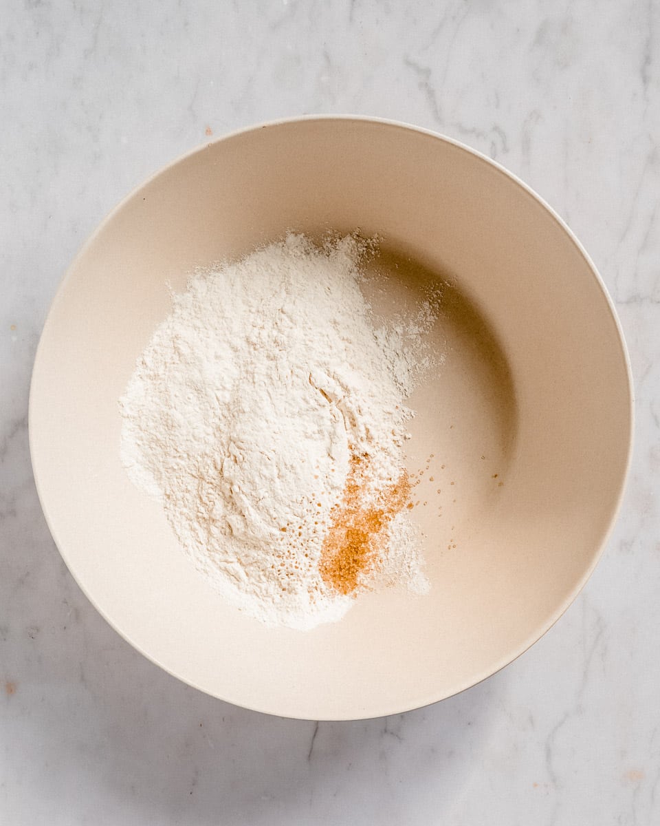 dry ingredients for 3 ingredient crepes in a big mixing bowl