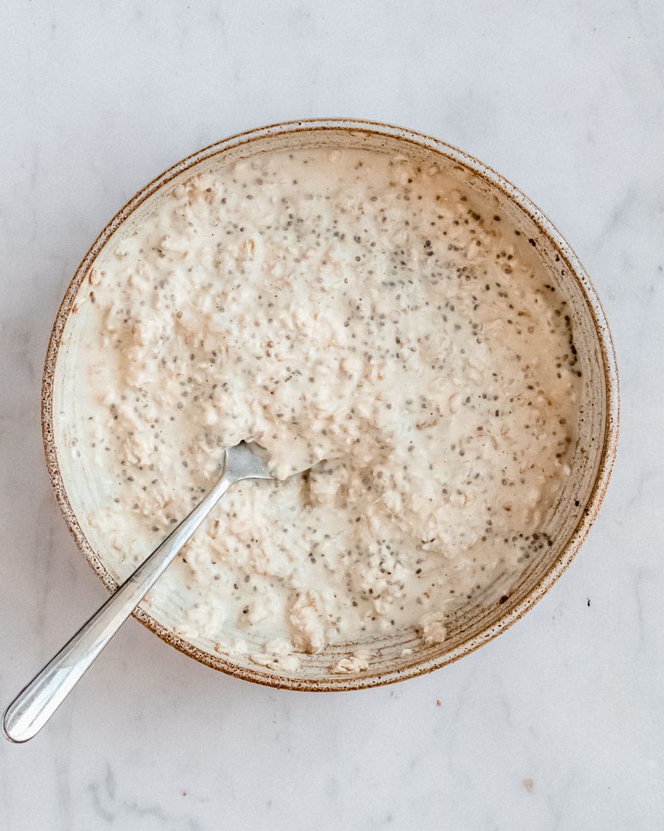 overnight oats soaked over night in a bowl.