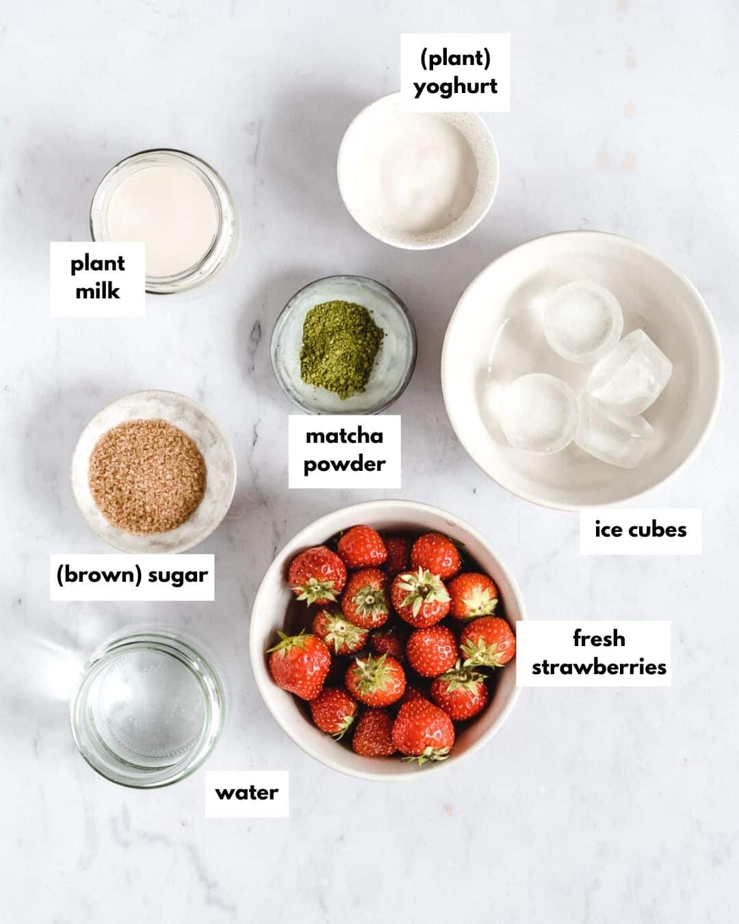 all ingredients needed to make strawberry matcha latte.