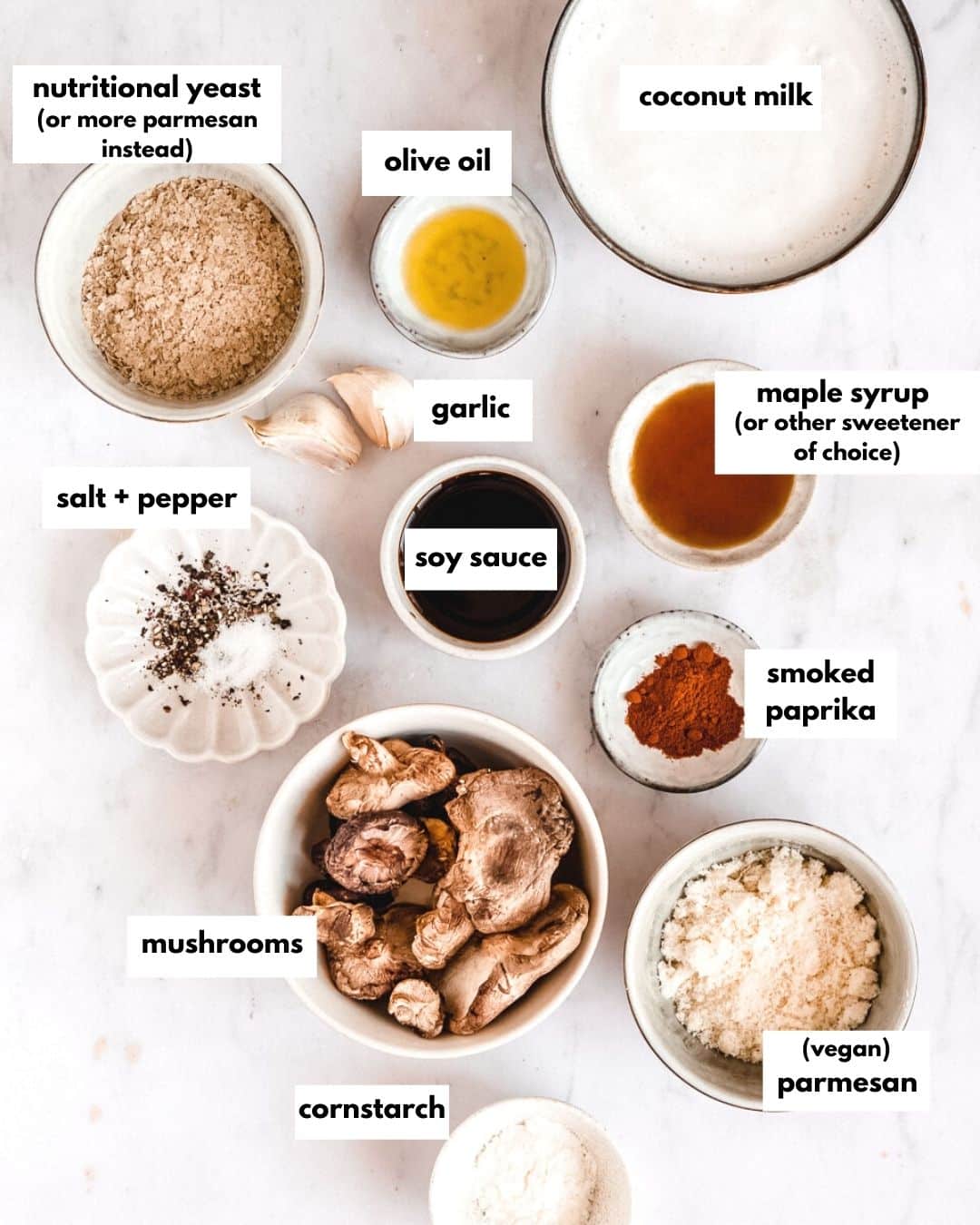 all ingrediends needed to make coconut milk pasta sauce with crispy mushrooms.