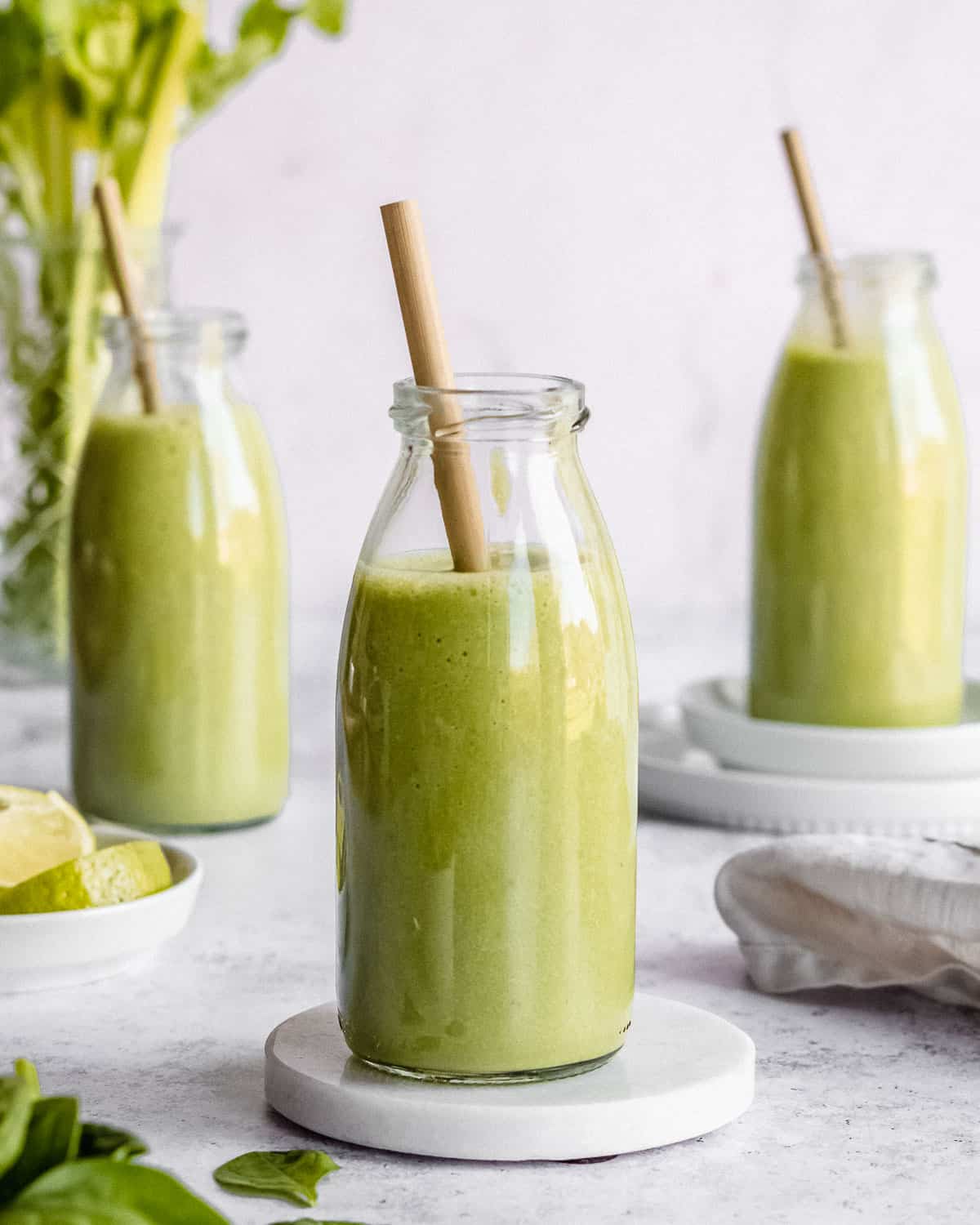 3 glasses of cucumber celery smoothie.