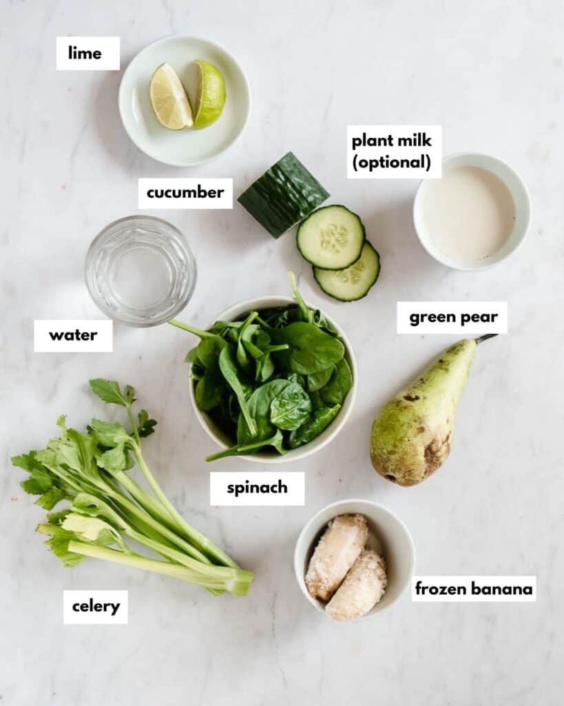 all ingredients needed to make cucumber celery smoothie.
