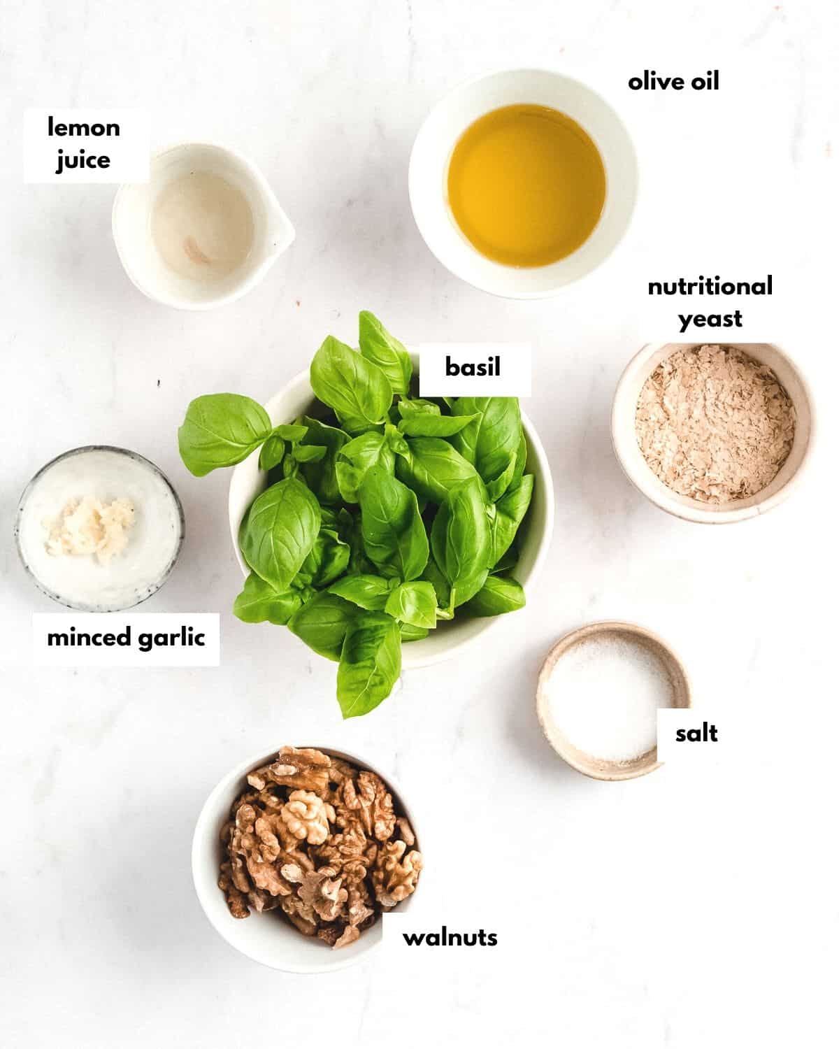all ingredients needed to make vegan walnut pesto.