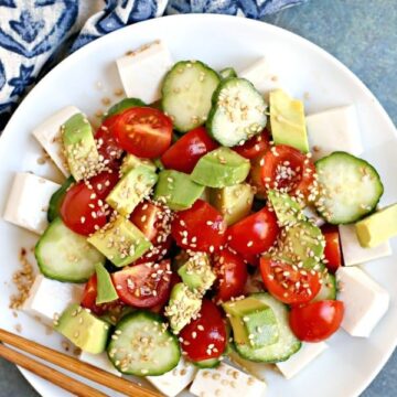 Plate of Silken Tofu Salad with wooden chopsticks