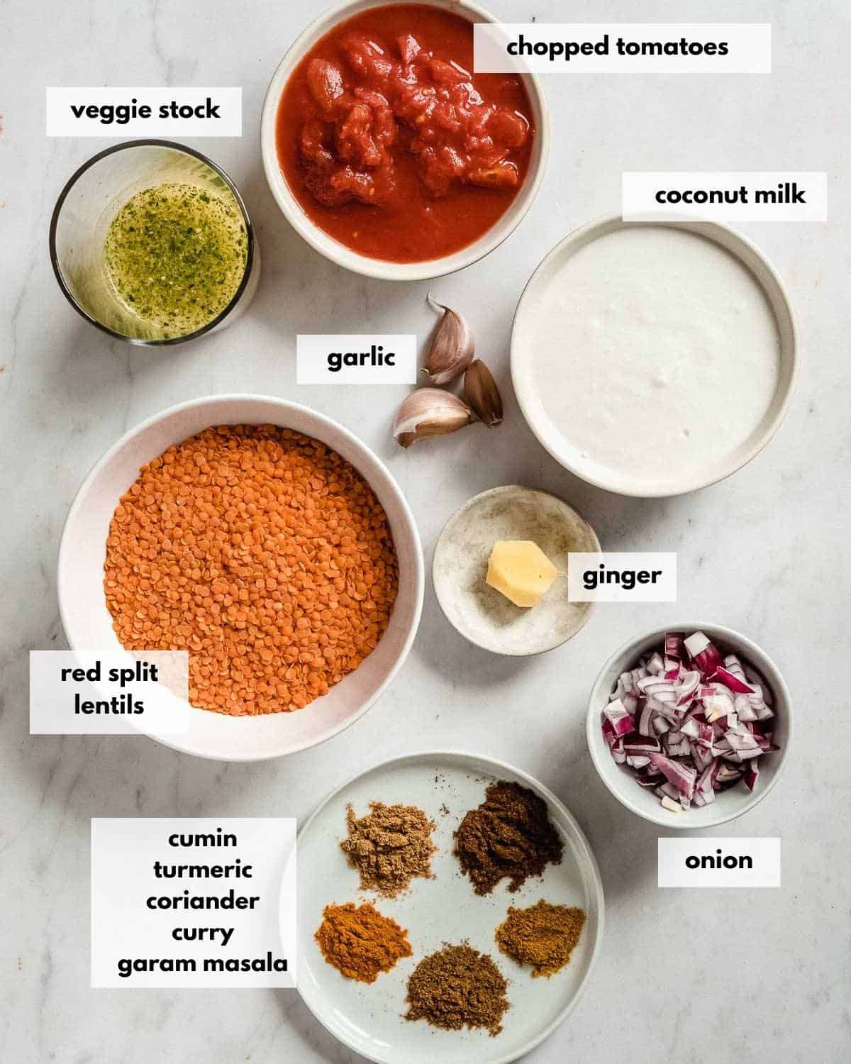 all ingredients needed to make red lentil dahl.