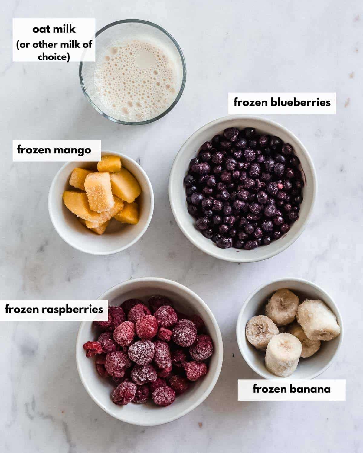 all ingredients needed to make frozen fruit smoothie without yogurt.