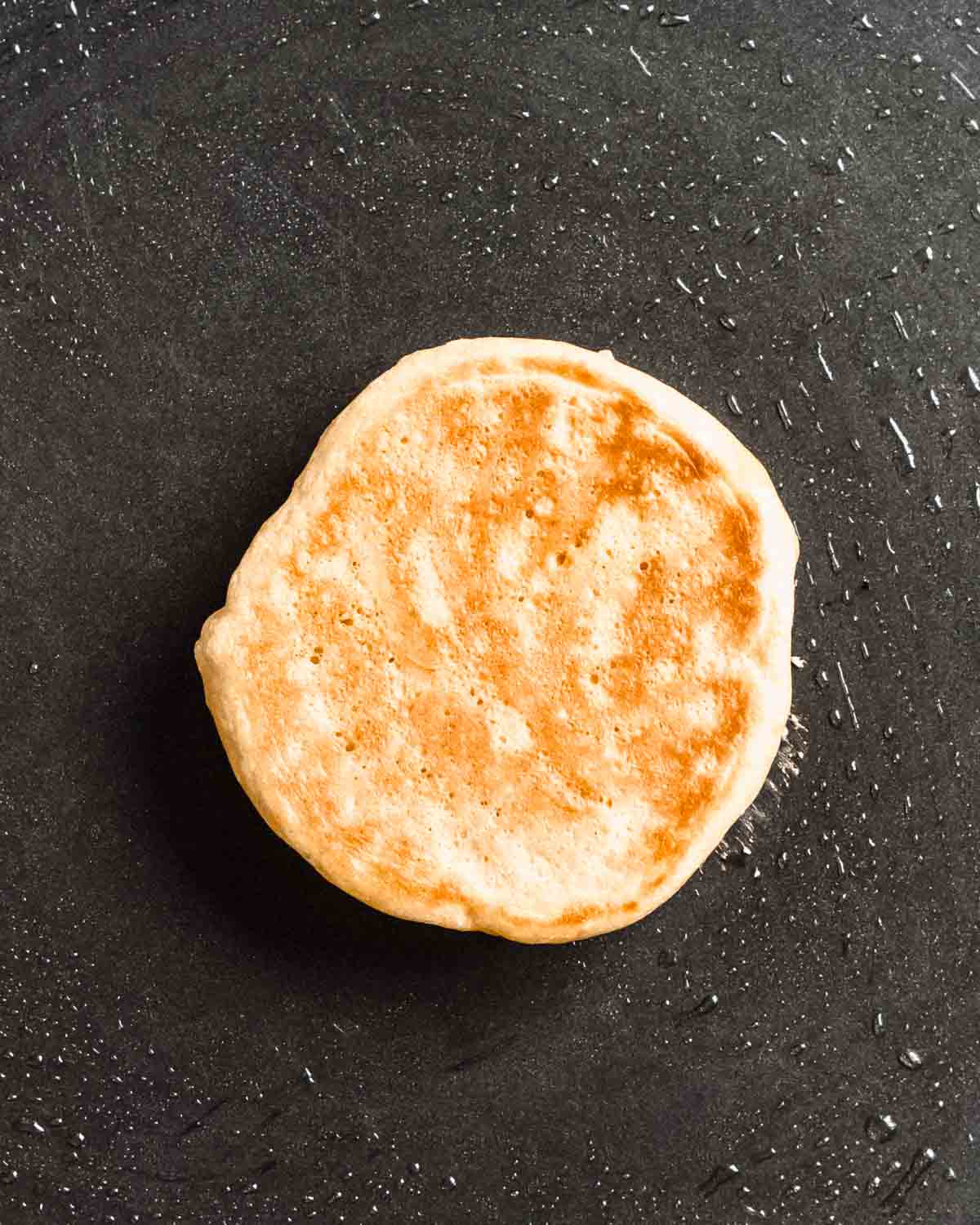 flipped pancake in a hot skillet.