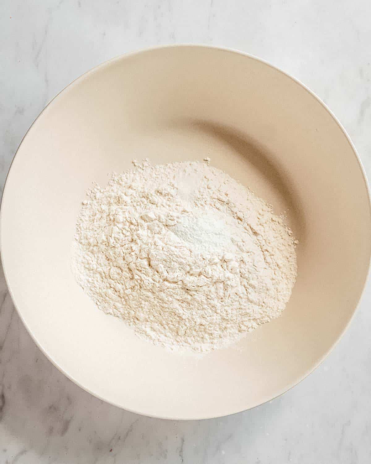 flour, baking powder and pinch of salt in a large mixing bowl.