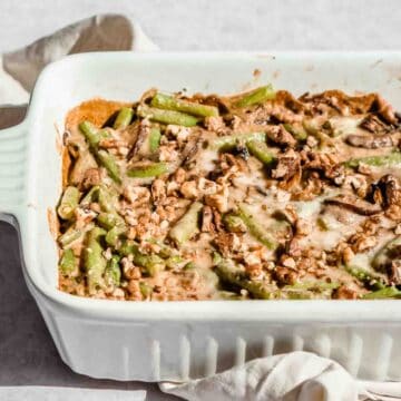 green bean casserole without mushroom soup in a baking tray.