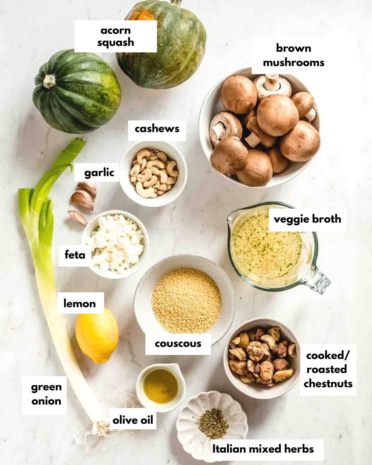 all ingredients for vegetarian stuffed acorn squash.