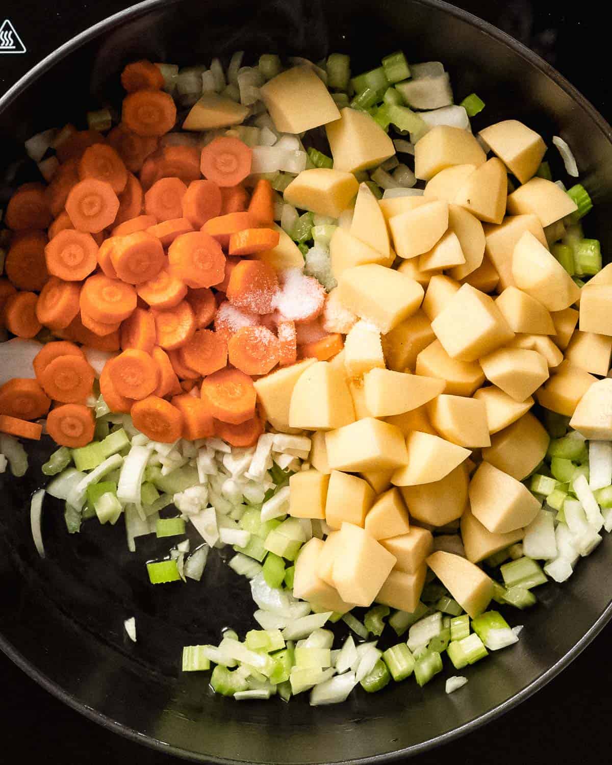 onion, celery, cubed potatoes, chopped carrots and salt in a pan.