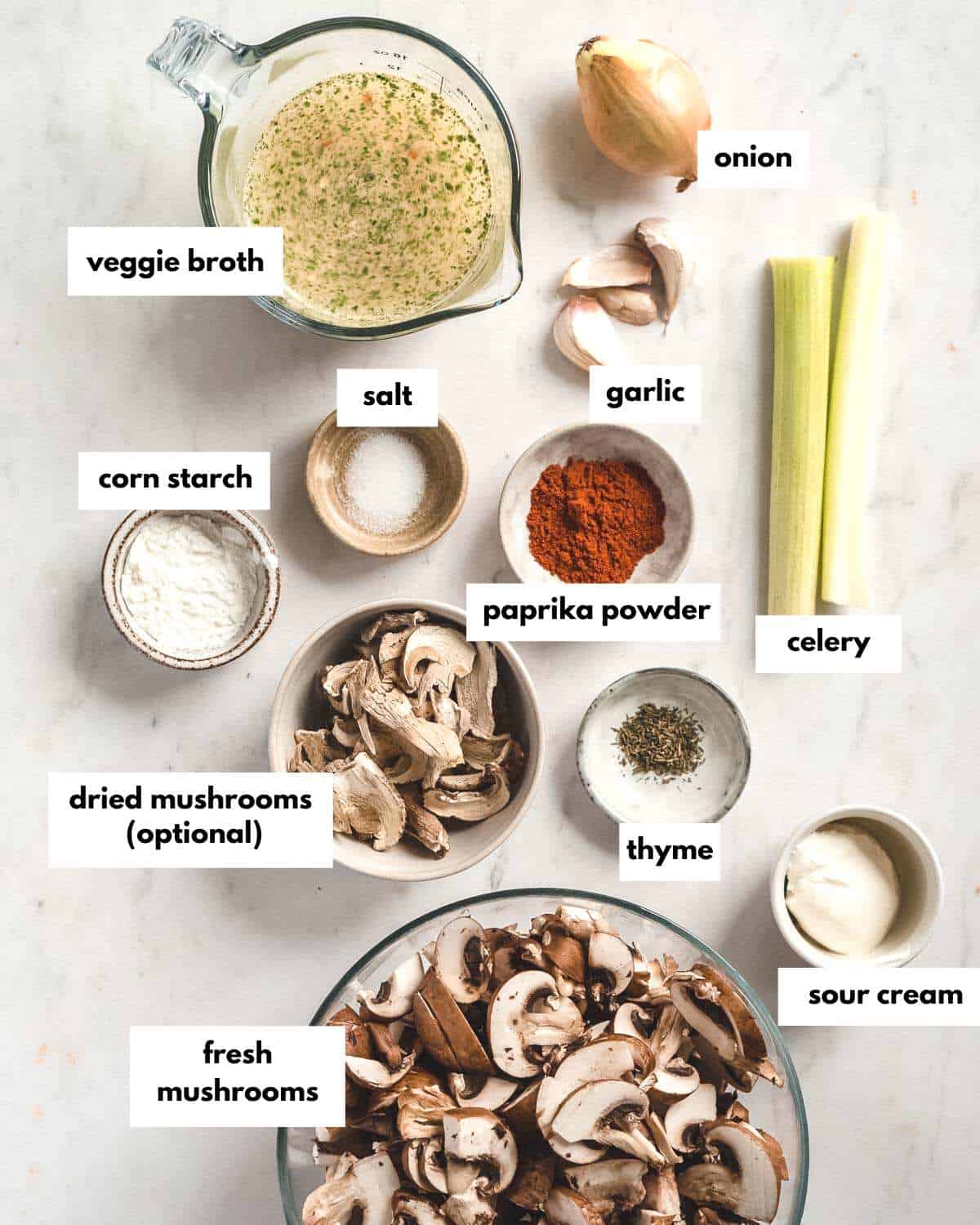 all ingredients needed to make ragout of mushrooms.