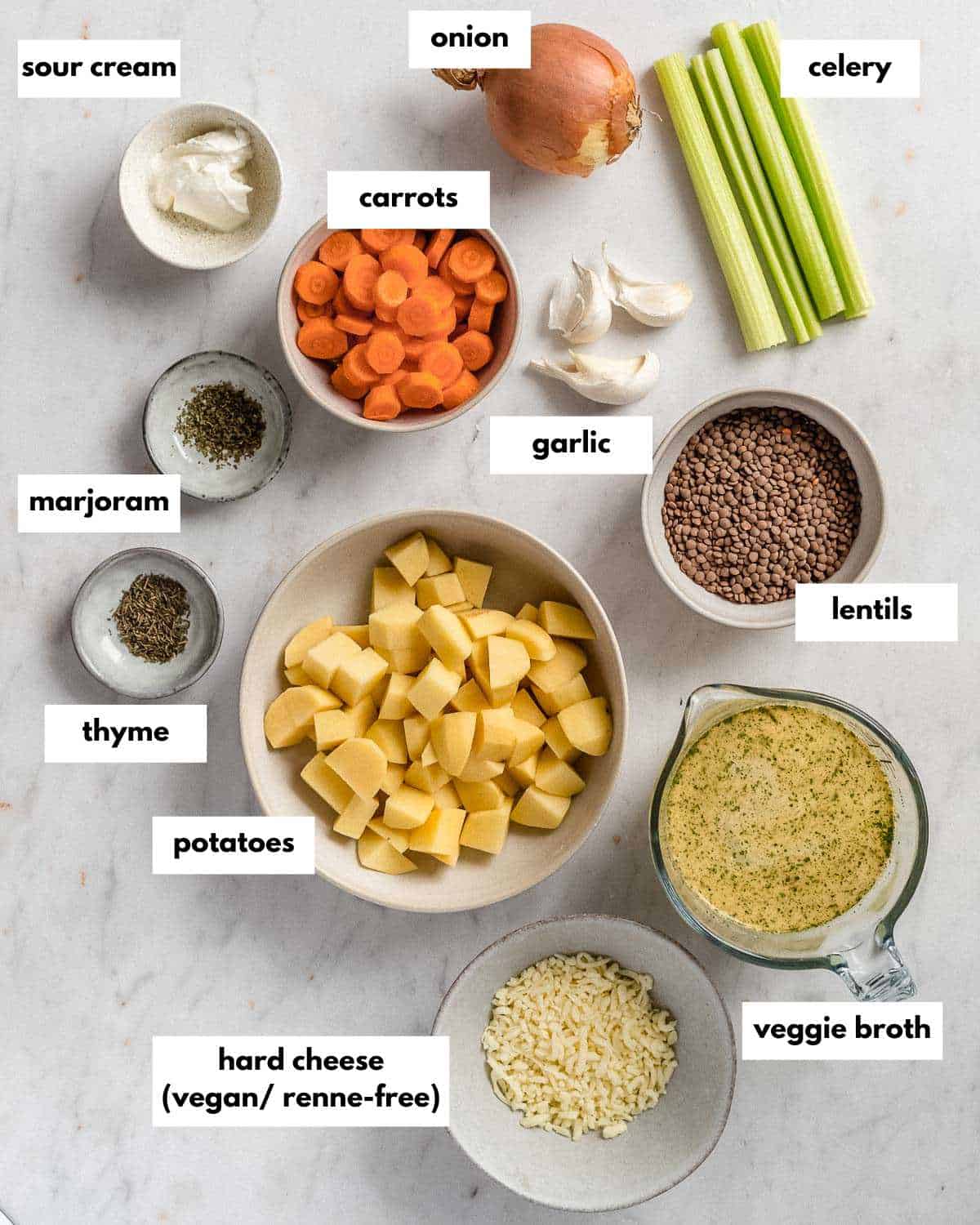 all ingredients needed to make vegetarian lentil soup.
