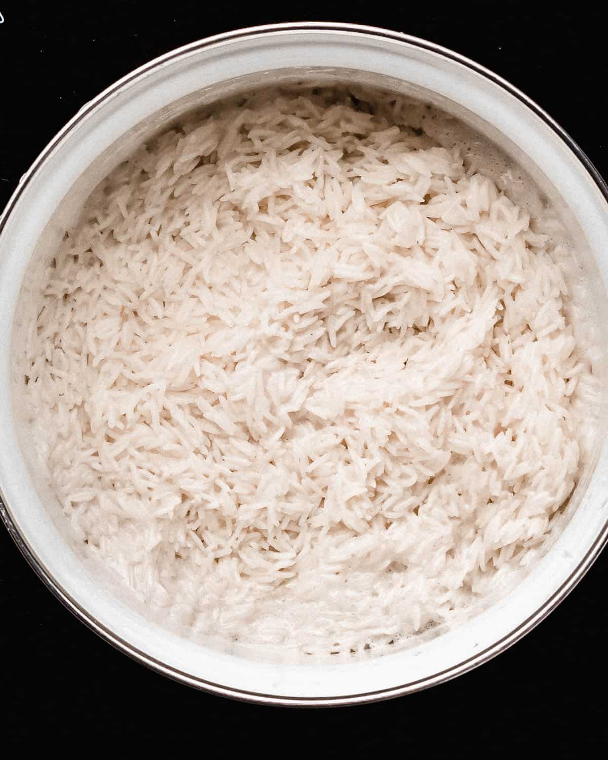 cooked coconut basmati rice in a saucepan.