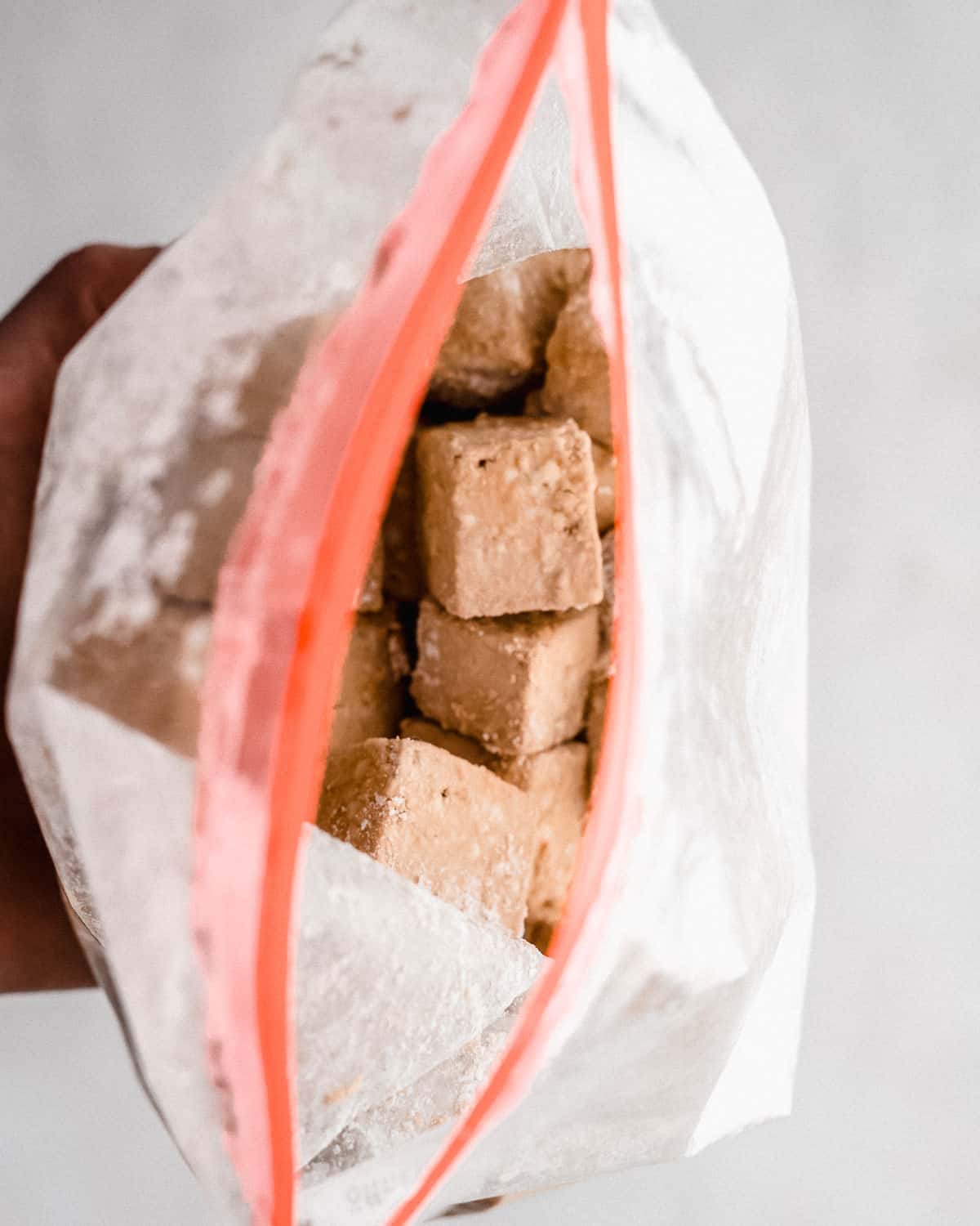 tofu cubes in a ziplock bag.