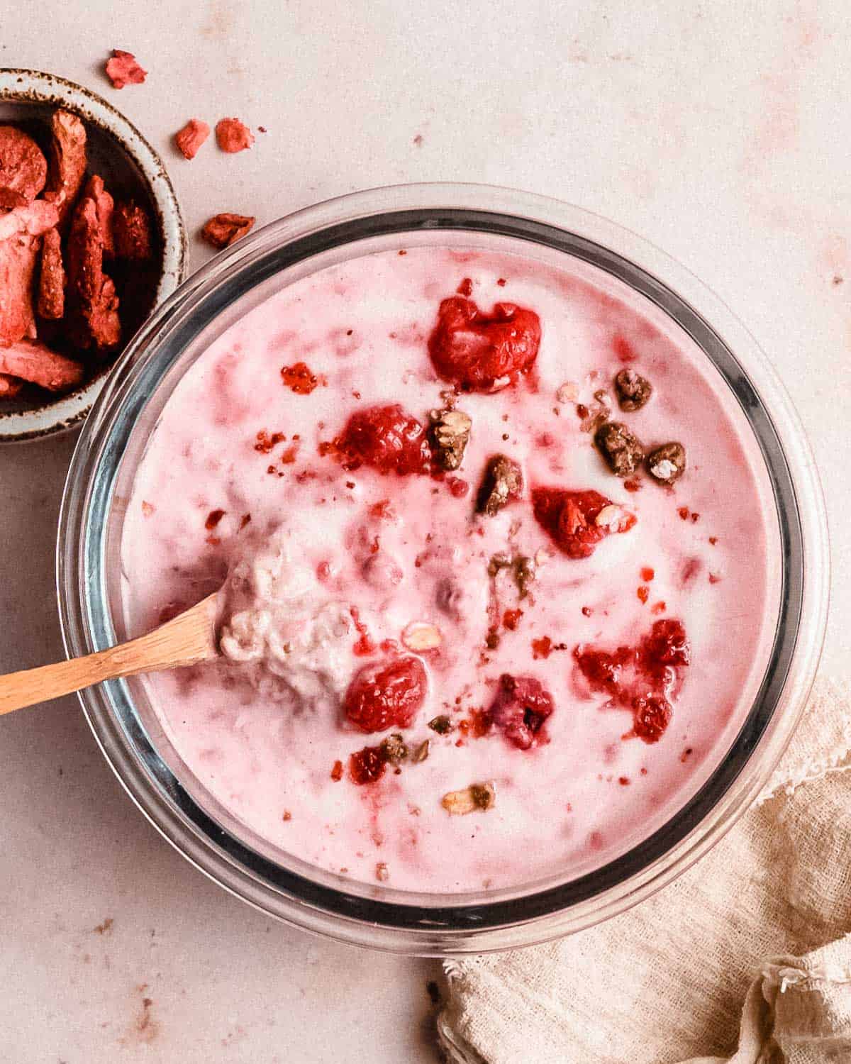 overnight weetabix topped with a yogurt raspberry layer.