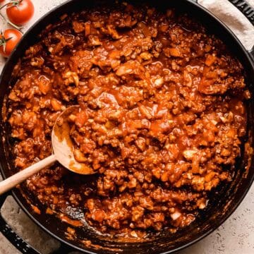 cast iron pan with tofu bolognese.