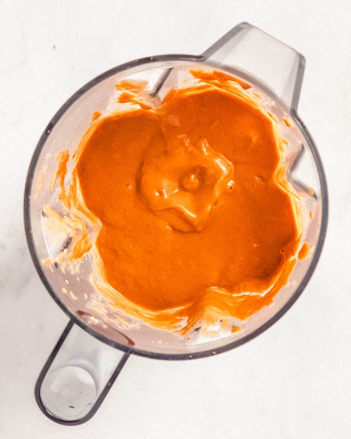 finished pasta sauce blended in a blender jug.