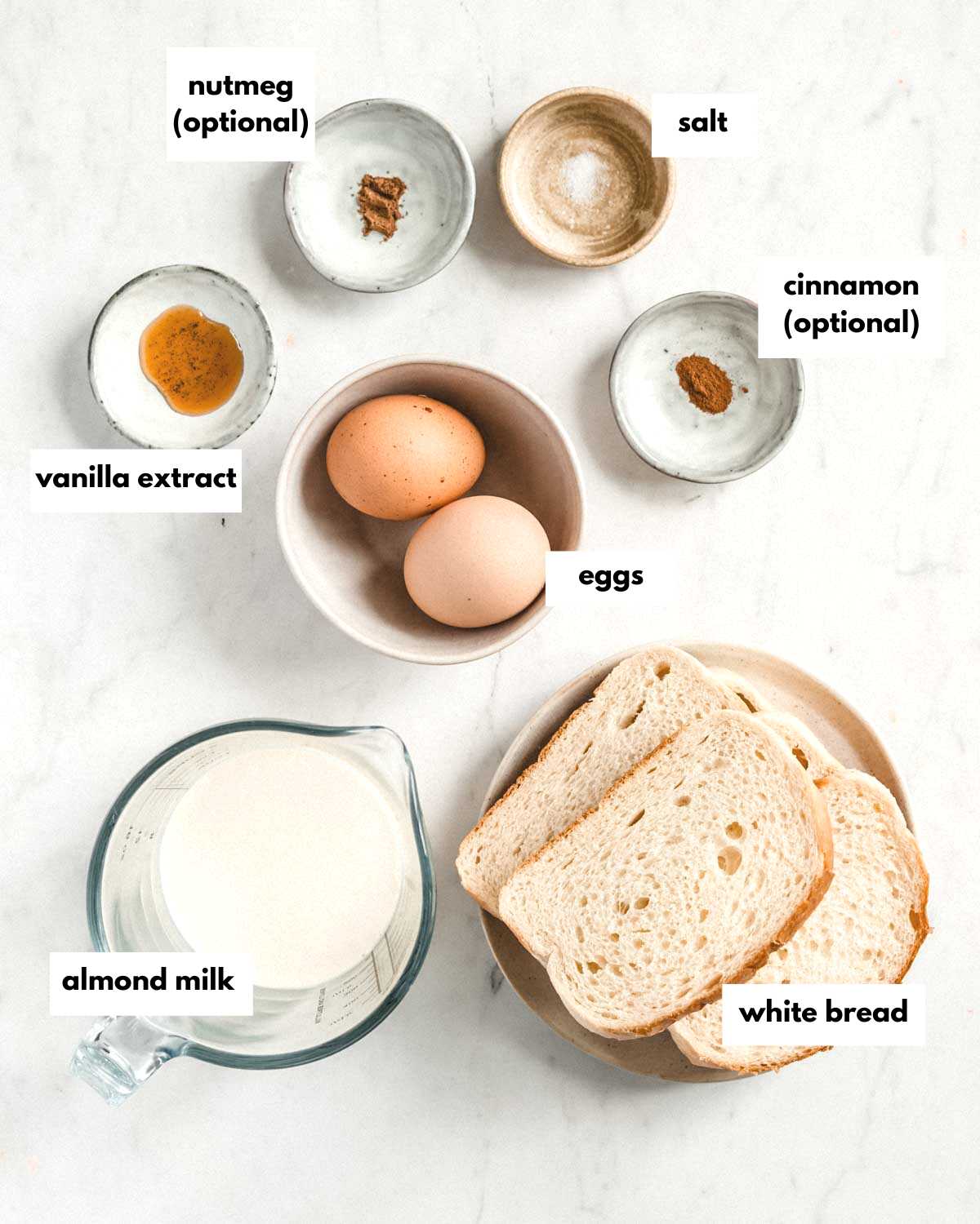 all ingredients needed to make almond milk french toast.