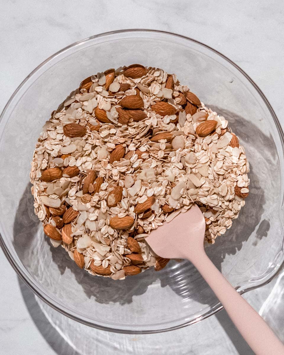All dry ingredients for this granola in a bowl.