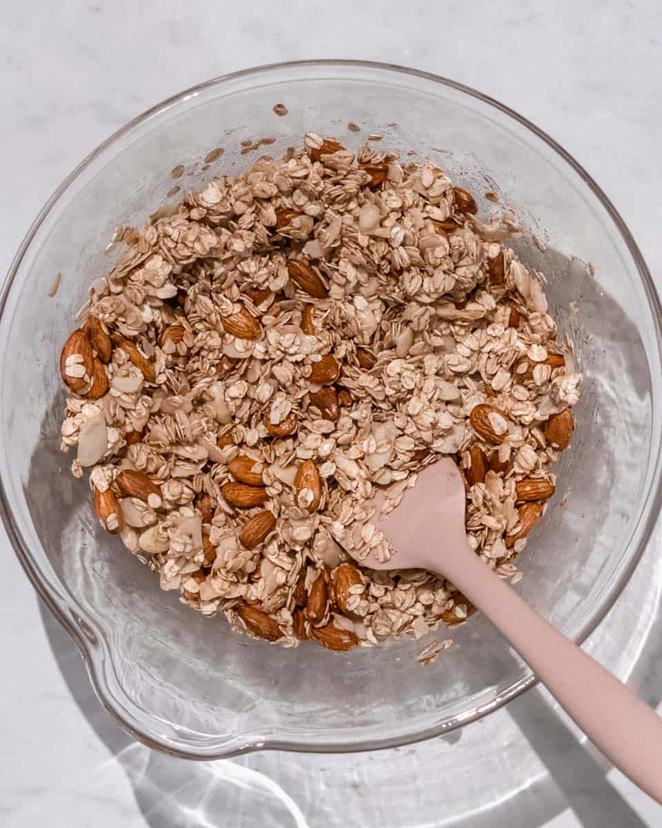 Dry and wet ingredients mixed together in a bowl.