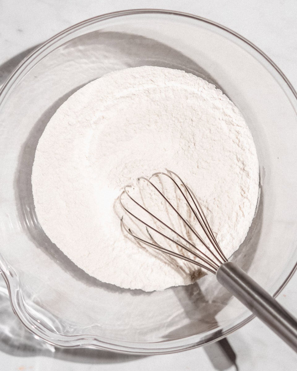 All dry ingredients in a large bowl with a whisk.