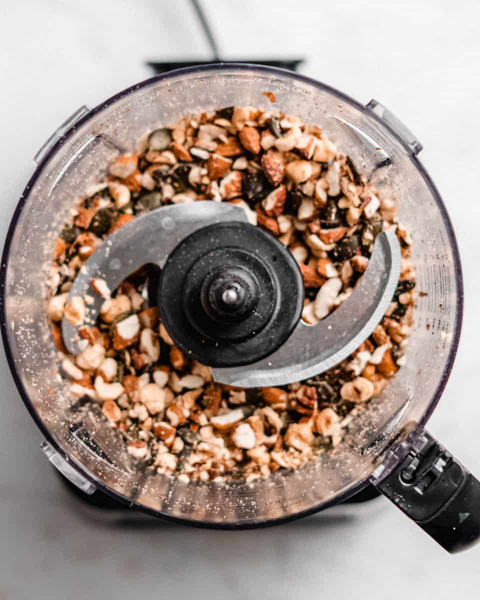 Chopped nuts in a food processor.