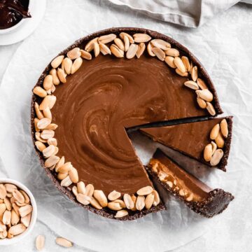 chocolate peanut butter pie on a white background.