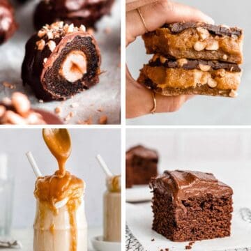 4 different recipes: chocolate dates, no-bake pumpkin caramel slice, caramel smoothie and chocolate date cake.