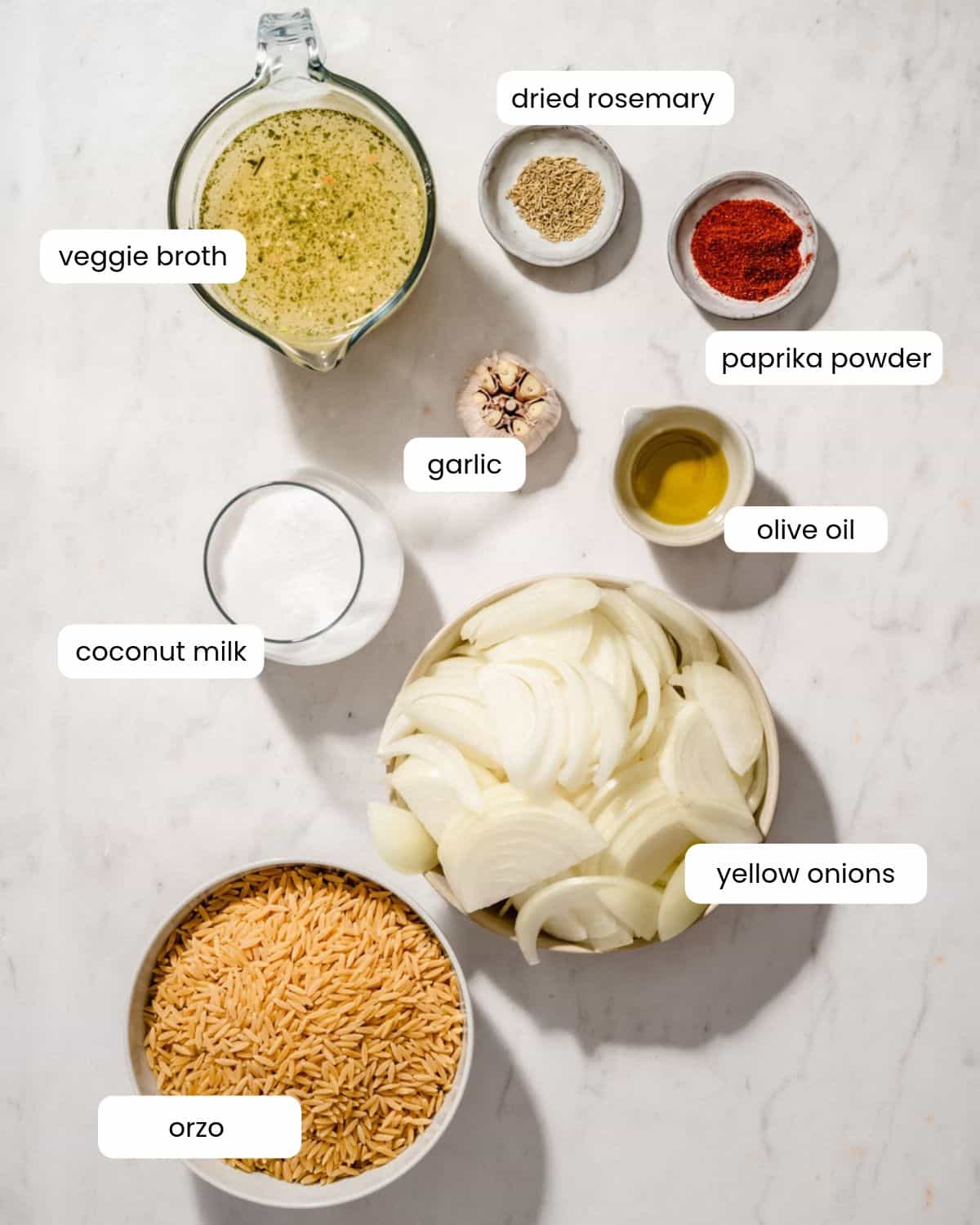 All ingredients needed to make french onion orzo.