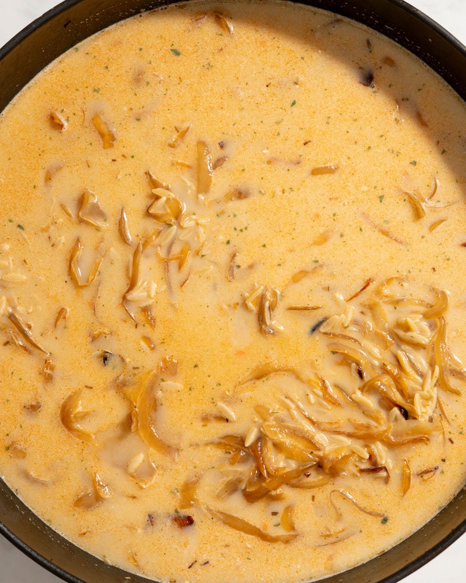 Orzo and veggie broth added to the caramelized onion in a dutch oven.